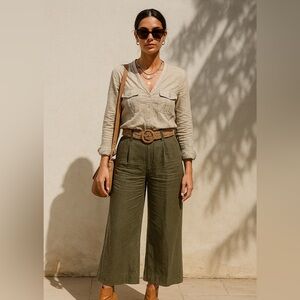 Harve Benard Linen Khaki Pullover Long Sleeve Blouse